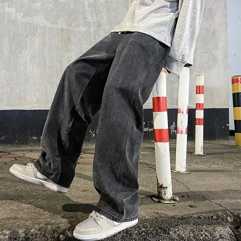 Streetwear Brand New - 新しいストリートウェアルーズジーンズ男性韓国スタイルファッションルーズストレートワイドレッグパンツメンズブランド服黒ライトブルー
