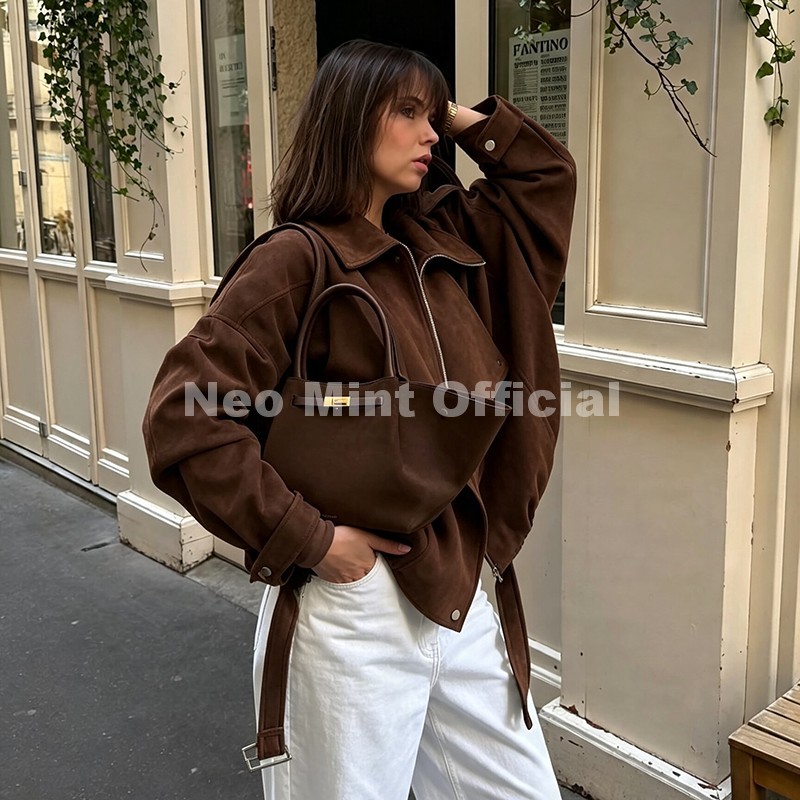 ネオミント秋の新ブラウン特大スエードジャケット女性シックなブ - Streetwear Brand New のレビューと価格